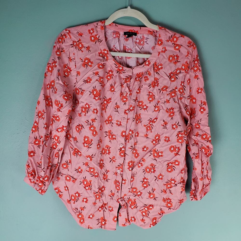 Ann Taylor Womens Pink Floral Print Button Up Blouse Top Size Medium